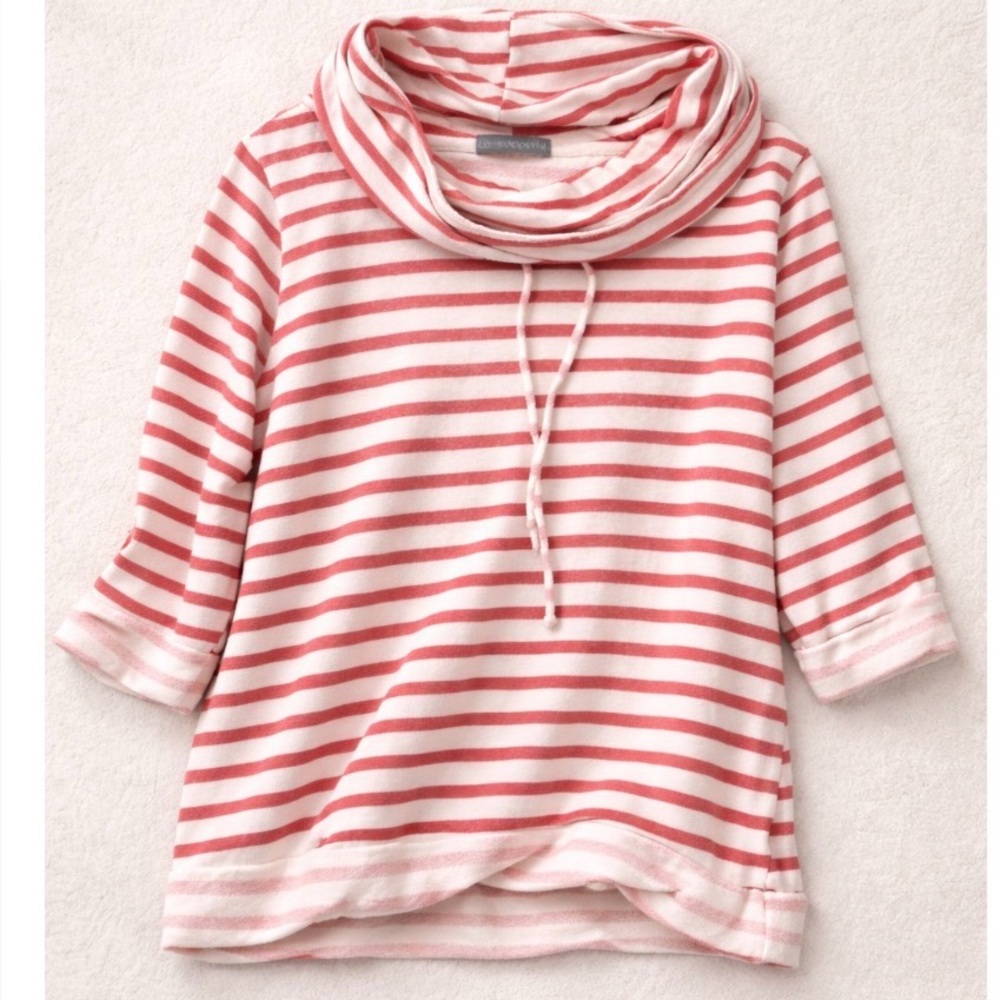 Loveappella Striped Cowl Neck Sweatshirt 3/4 Sleeve Soft Cozy Top Small